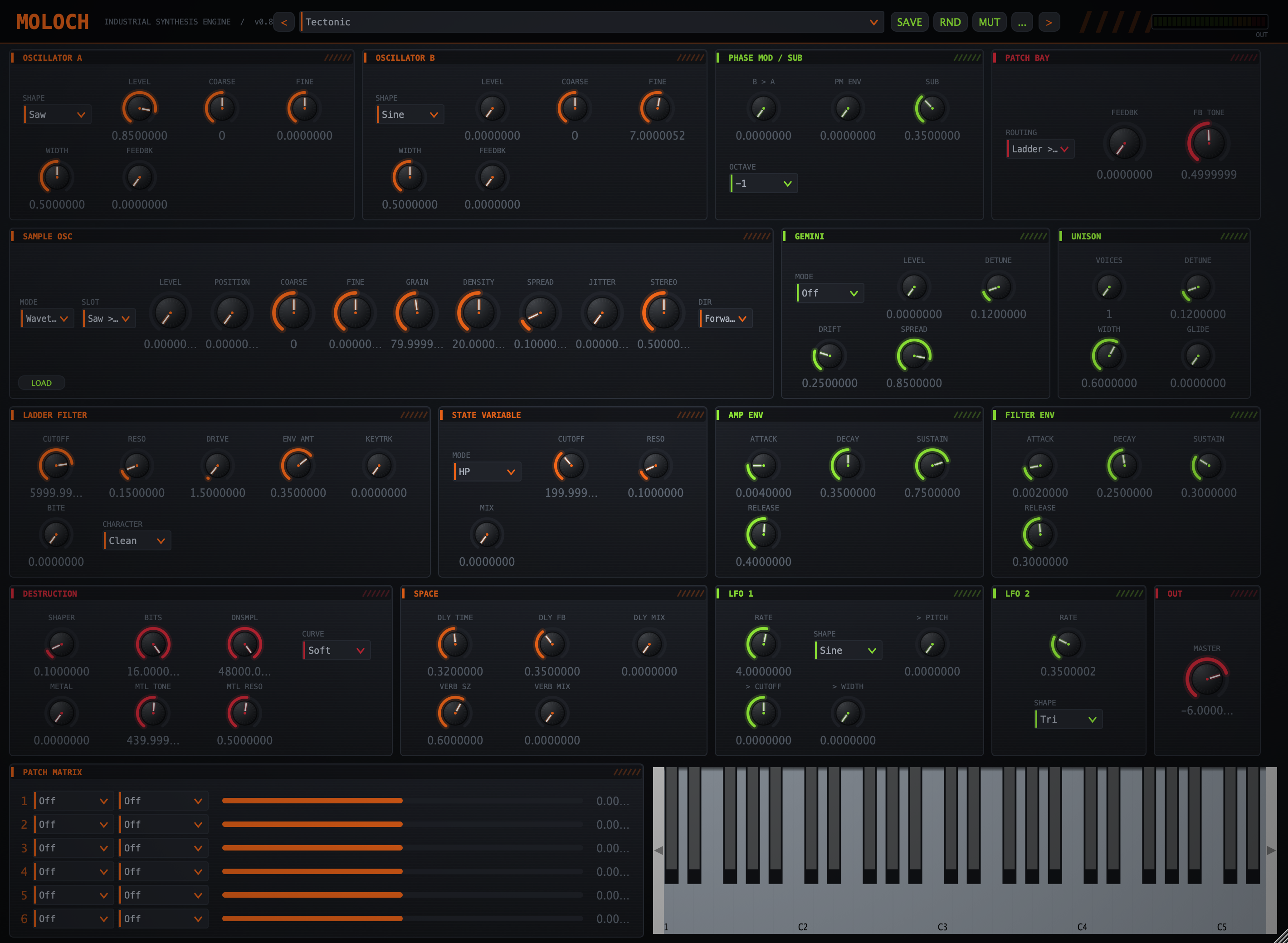 The MOLOCH interface: oscillator, filter, envelope, modulation and effect panels over a dark industrial background.